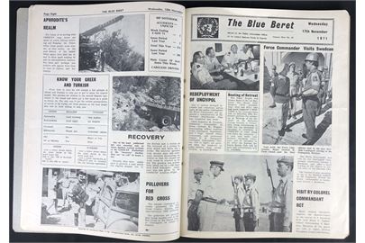 The Blue Beret - The UNFICYP weekly. Flersproget soldater avis for FN-soldater på Cypern med særlige afsnit fra de forskellige landes kontingenter. Indbundne eksemplarer fra Vol. 9 no. 30 (20.10.1971) til no. 49 (1.3.1972. Sjælden velbevaret illustreret soldater avis indeholdende en guldgrube af informationer til brug i en FN-samling.