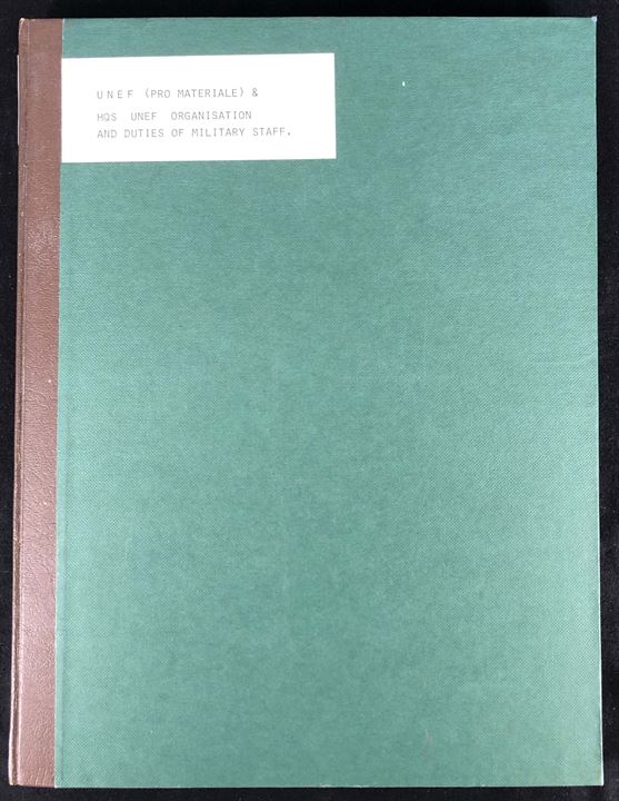 UNEF pressemateriale (Background paper 1.1.1959) 29 sider, UNEF stabshåndbog (1.2.1961) 23 sider og Canadian Signal Squadron telefonliste for UNEF (maj 1967) 35 sider. Interessante interne skrivelser samlet i indbundet bind. 