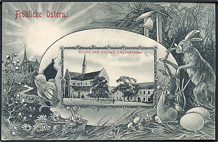 Løgumkloster, påskekort med billede af kirke og slot. H. Michelsen no. 134254.