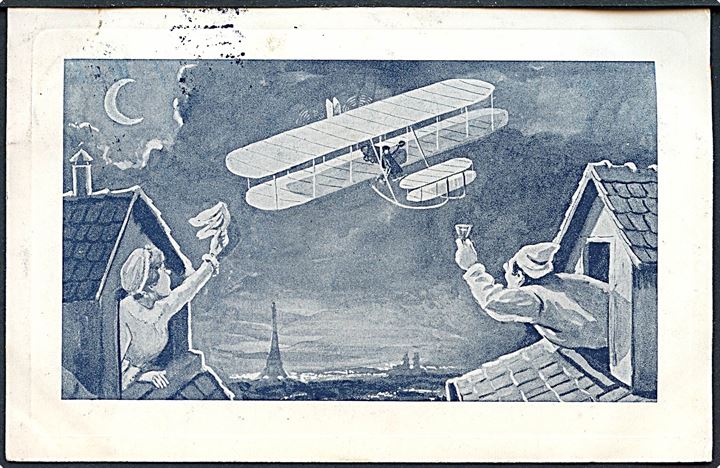 Flyvemaskine over Paris ved nat. Julekort anvendt 1910. N no. 96811.