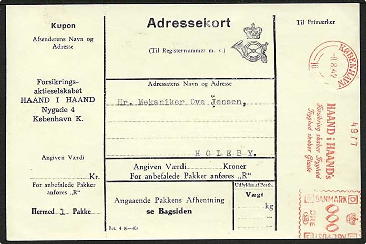 Adressekort med frankostempel fra Haand i Haand / København d. 8.8.1942 til Holeby.