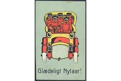 Postbudde i automobil. Glædeligt Nytaar!. Tegnet af Thyra Tønder Erichsen. A.H. serie 402.