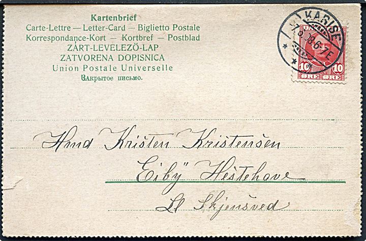Mekanisk kortbrev med svale. Tysk fremstillet. Frankeret med 10 øre Fr. VIII og sendt fra Karise d. 7.6.1908 til Lille Skjensved.