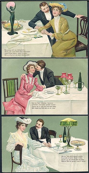 Kæreste middag. Serie med 3 romantiske reliefkort. P.F.B. serie 3983.