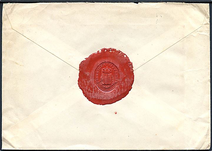20 øre Chr. X på fortrykt kuvert fra Udenrigsministeriet i Kjøbenhavn d. 13.7.1920 til den danske legation i Washington DC, USA. På bagsiden laksegl fra Udenrigsministeriet.