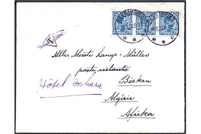20 øre Chr. X i 3-stribe på 2. vægtkl. brev fra Saxkjøbing d. 14.11.1922 til poste restante i Biskra, Algeriet, Nordafrika - eftersendt og porto for poste restante slettet.