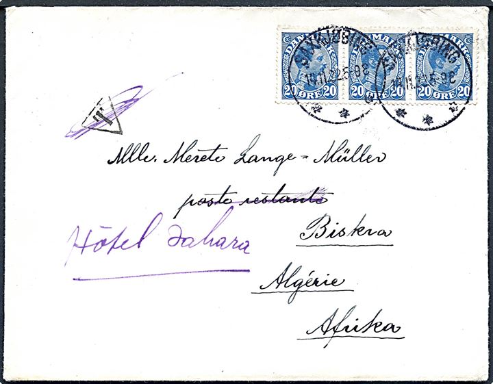20 øre Chr. X i 3-stribe på 2. vægtkl. brev fra Saxkjøbing d. 14.11.1922 til poste restante i Biskra, Algeriet, Nordafrika - eftersendt og porto for poste restante slettet.