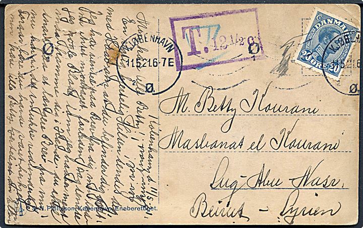 20 øre Chr. X single på underfrankeret brevkort fra Kjøbenhavn d. 11.5.1921 til Beirut, Syrien. Violet portostempel T.12½c..