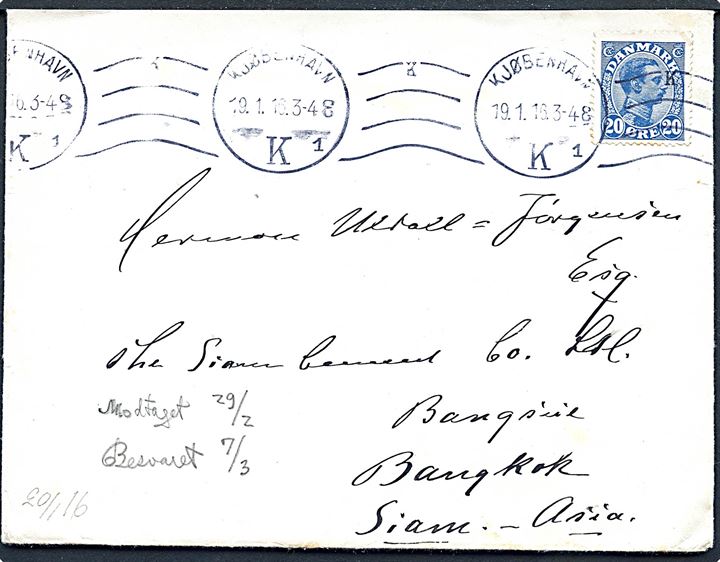 20 øre Chr. X single på brev fra Kjøbenhavn d. 19.1.1916 til Bangkok, Siam. Ank.stemplet i Bangkok d. 28.2.1916. Uden tegn på censur.