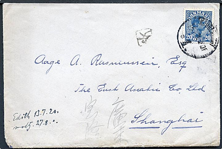20 øre Chr. X på brev fra Kjøbenhavn d. 14.7.1920 til Shanghai, Kina. Ank.stemplet d. 28.7.1920.
