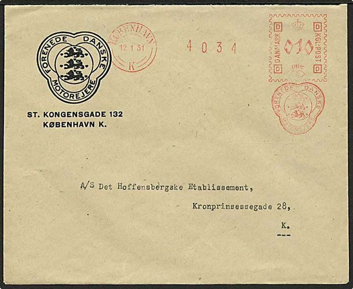 10 øre firmafranko fra Forenede Danske Motorejere sendt lokalt i København d. 12.1.1931.