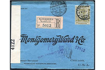 20 mills single på anbefalet brev fra Alexandria d. 24.5.1919 til Montgomery Ward & Co. i Chicago, USA. Åbnet af britisk censur no. 4122.