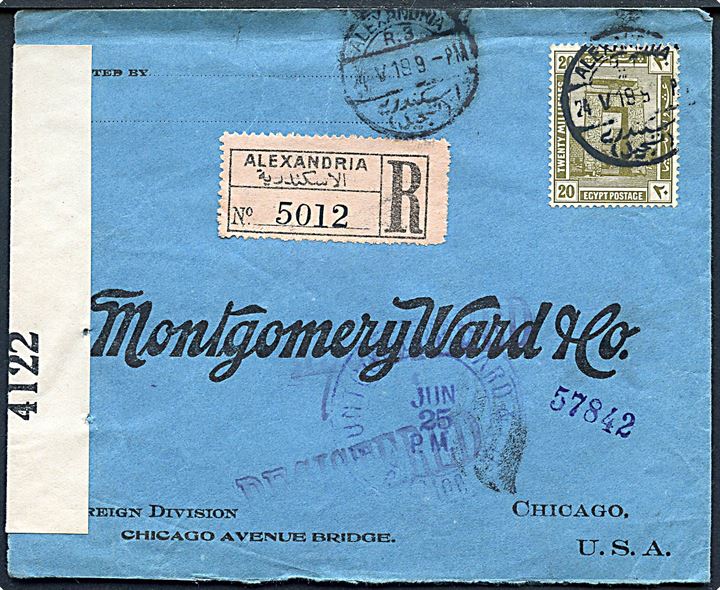 20 mills single på anbefalet brev fra Alexandria d. 24.5.1919 til Montgomery Ward & Co. i Chicago, USA. Åbnet af britisk censur no. 4122.