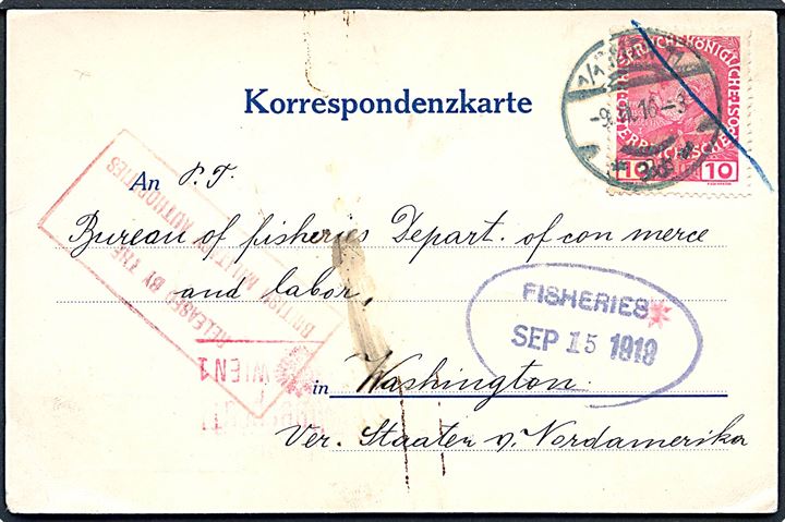 10 h. Franz Joseph på brevkort fra Wien d. 9.2.1916 til Washington, USA. Østrigsk censur og Tilbageholdt af britisk censur med Released by the British military Authorities. Ovalt privat ank.stempel d. 15.9.1919.