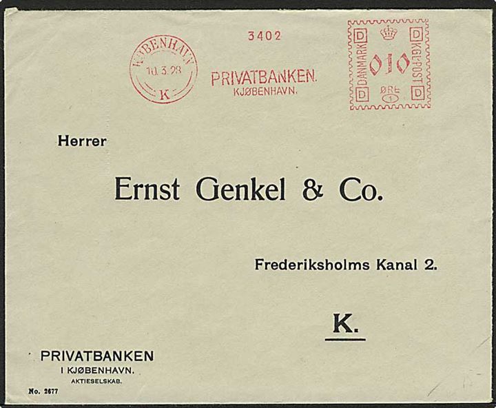 10 øre firmafranko frankeret lokalbrev fra Privatbanken, København d. 10.3.1928.