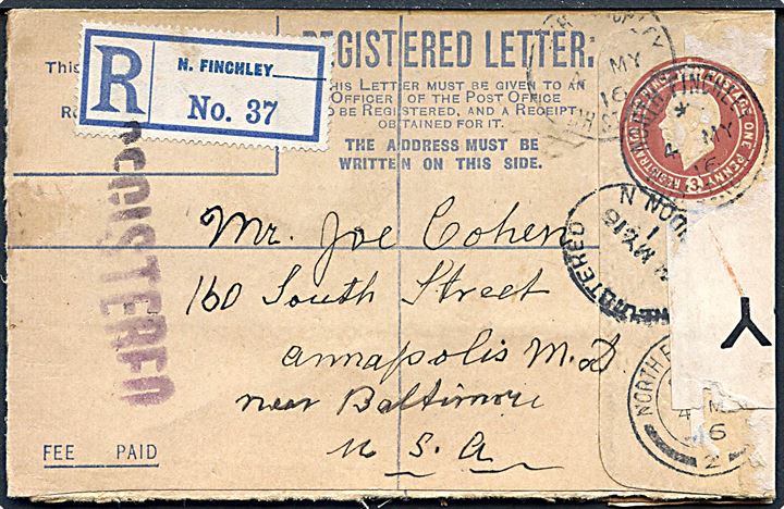 3d George V anbefalet helsagskuvert fra N. Finchley d. 4.5.1916 til Annapolis, USA. Åbnet af britisk censur no. 1654 med violet licens-stempel 37/9 på bagsiden.