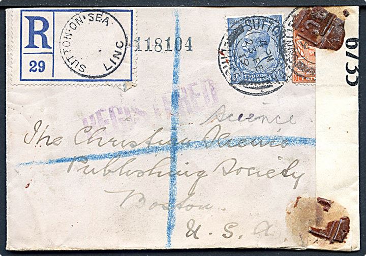 2d og 2½d George V på anbefalet brev fra Sutton on Sea d. 23.2.1919 til Boston, USA. Åbnet af britisk censur no. 6735 med laksegl P.C..