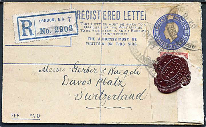 3½d George V anbefalet helsagskuvert opfrankeret med 1d George V fra London d. 31-7-1918 til Davos, Schweiz. Åbnet af britisk censur no. 1473 med laksegl: WAR OFFICE / POSTAL CENSOR.