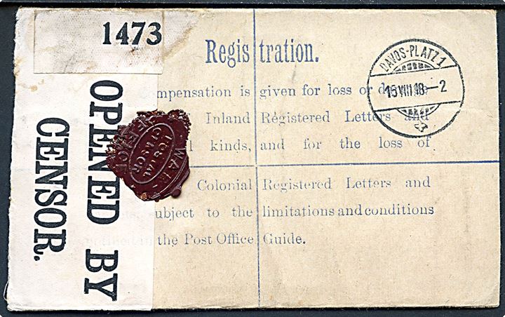 3½d George V anbefalet helsagskuvert opfrankeret med 1d George V fra London d. 31-7-1918 til Davos, Schweiz. Åbnet af britisk censur no. 1473 med laksegl: WAR OFFICE / POSTAL CENSOR.