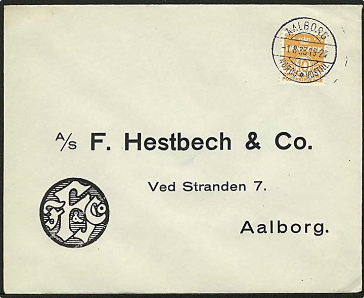 10 øre Bølgelinie på brev annulleret med særstempel Aalborg Nordj.*Udstill. d. 1.8.1933 til Aalborg.