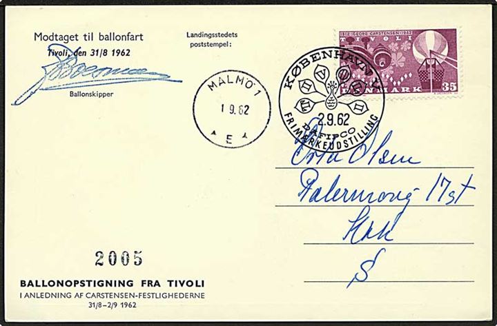 35 øre Tivoli på ballonpost brevkort befordret med ballon fra Tovoli til Malmö d. 1.9.1962 og annulleret med særstempel København d. 2.9.1962.