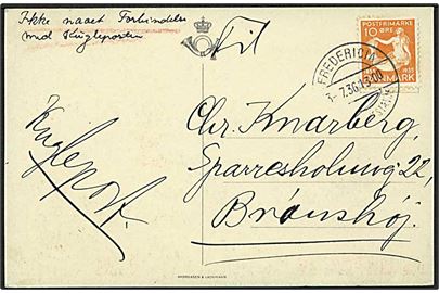 10 øre H.C.Andersen på brevkort annulleret med særstempel Fredericia Dansk Købestævne d. 3.7.1936 til Brønshøj. Påskrevet: Ikke naaet forbindelse med Kugleposten.