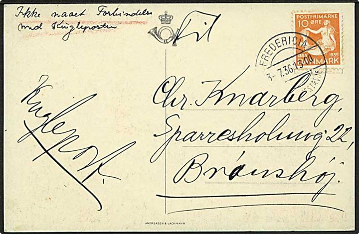 10 øre H.C.Andersen på brevkort annulleret med særstempel Fredericia Dansk Købestævne d. 3.7.1936 til Brønshøj. Påskrevet: Ikke naaet forbindelse med Kugleposten.