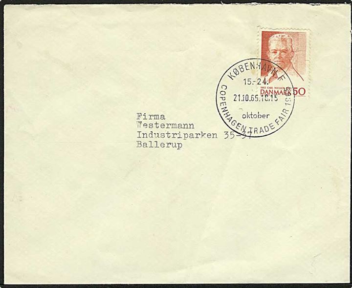 50 øre Carl Nielsen på brev annulleret med særstempel København F. / Copenhagen Trade Fair 1965 d. 21.10.1965 til Ballerup.
