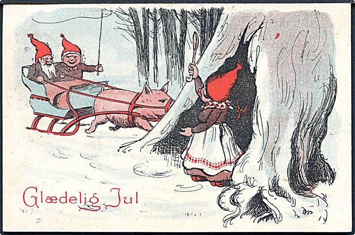 Ludvig Møgelgaard: Glædelig Jul. Nisser i kane, trukket af gris. Alex Vincents, serie 316 / 1. (Anvendt 24.12.12). 