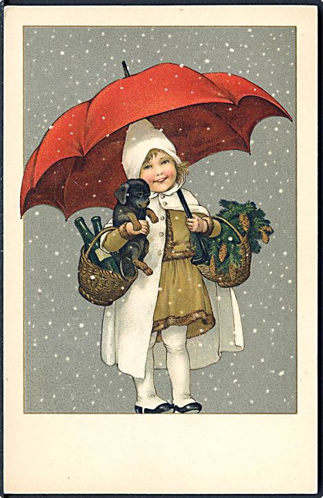 Pige med rød paraply, hundehvalp og kurve. B. Dondorf no. 773. 