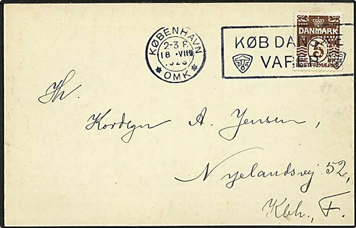 5 øre Bølgelinie med perfin I.M.D. på lokalt brevkort fra Indre Mission i Danmark stemplet København d. 18.8.1928.