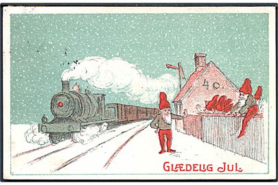 Ukendt Kunstner: Glædelig Jul. Nisser på banegaarden, hvor toget ankommer. Alex Vincents, serie 337 / 3. 