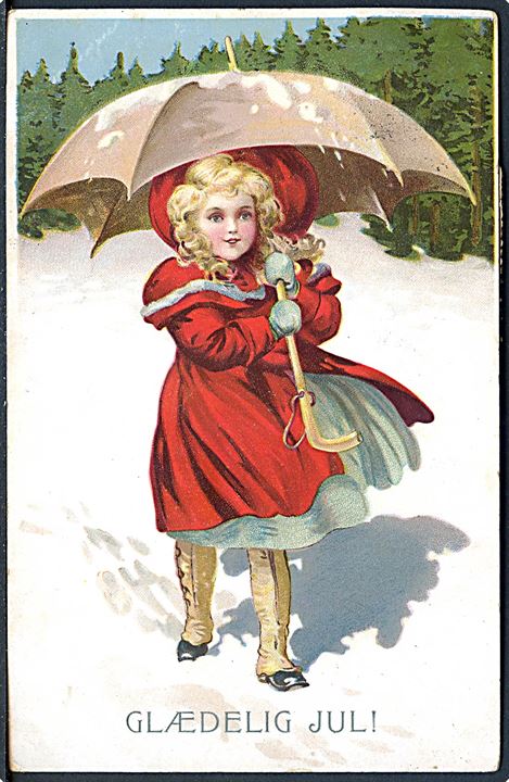 Glædelig Jul. Pige iført rød jakke, går i sneen med paraply. M. & L., serie 157. 