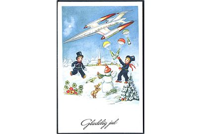 Glædelig Jul. Skorstensfejere fanger champagne, der med faldskærm kastes ud fra fly. (SK eller KS) no. 147. 