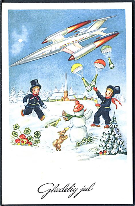 Glædelig Jul. Skorstensfejere fanger champagne, der med faldskærm kastes ud fra fly. (SK eller KS) no. 147. 