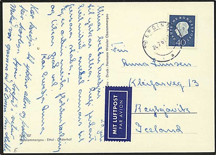 40 pfg. Heuss single på luftpost brevkort fra Erding d. 24.7.1961 til Reykjavik, Island.