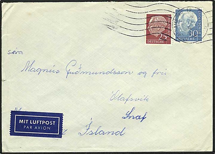 25 pfg. og 30 pfg. Heuss på luftpostbrev fra Hamburg d. 16.8.1954 til Olafsvik, Island.