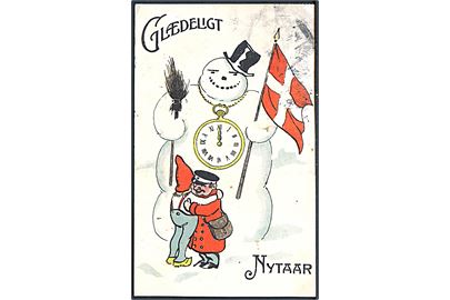 Ludvig Møgelgaard: Glædelig Jul med snemand, nisse og postbud. A. Vincent serie 164.