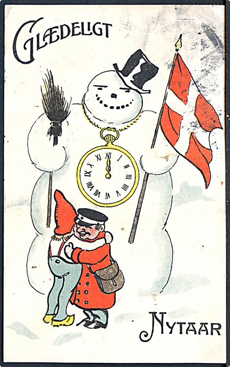 Ludvig Møgelgaard: Glædelig Jul med snemand, nisse og postbud. A. Vincent serie 164.