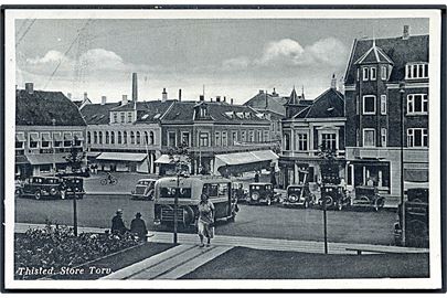 Thisted, Store Torv med automobiler og omnibus. C. Søndergaard no. 130.