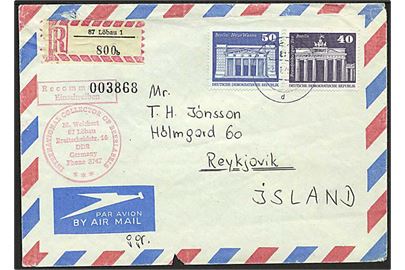 40 pfg. og 50 pfg. Berlin på anbefalet luftpostbrev fra Löbau d. 13.1.1975 til Reykjavik, Island.