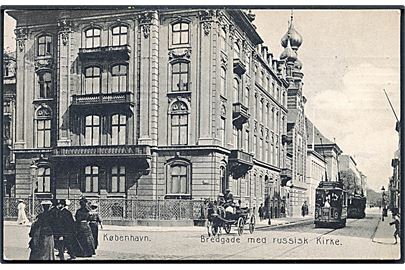 Købh., Bredgade med russisk kirke og sporvogn linie 9 vogn 518. Stenders no. 10680.