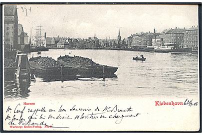 Købh., Havnen med kulpramme og i baggrunden hjuldamper. Warburg no. 24.