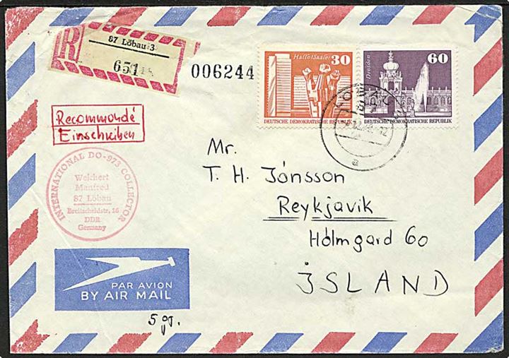 30 pfg. Halle og 60 pfg. Dresden på anbefalet luftpostbrev fra Löbau d. 4.12.1979 til Reykjavik, Island.
