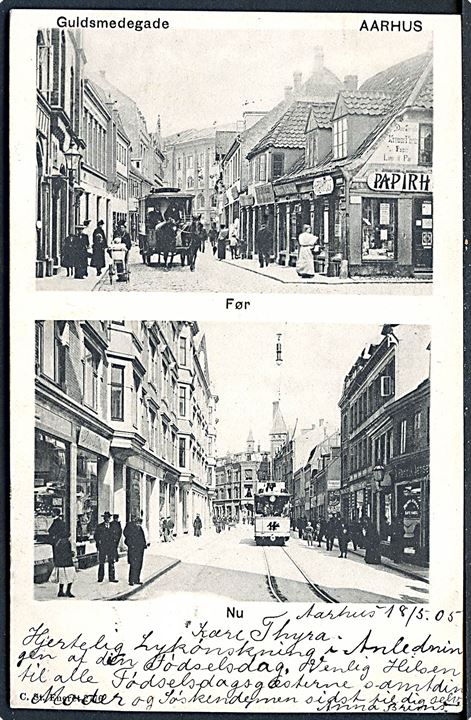Aarhus, Guldsmedegade før og nu med hestetrukken sporvogn og sporvogn. Stenders no. 2776.