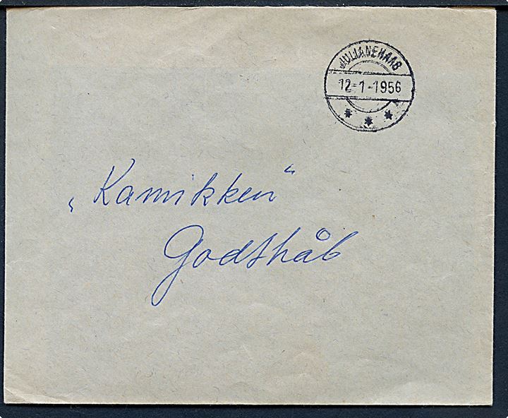 Ufrankeret indenrigsbrev stemplet Julianehaab d. 12.1.1956 til Godthåb. Fra KGH kontor i Julianehåb.