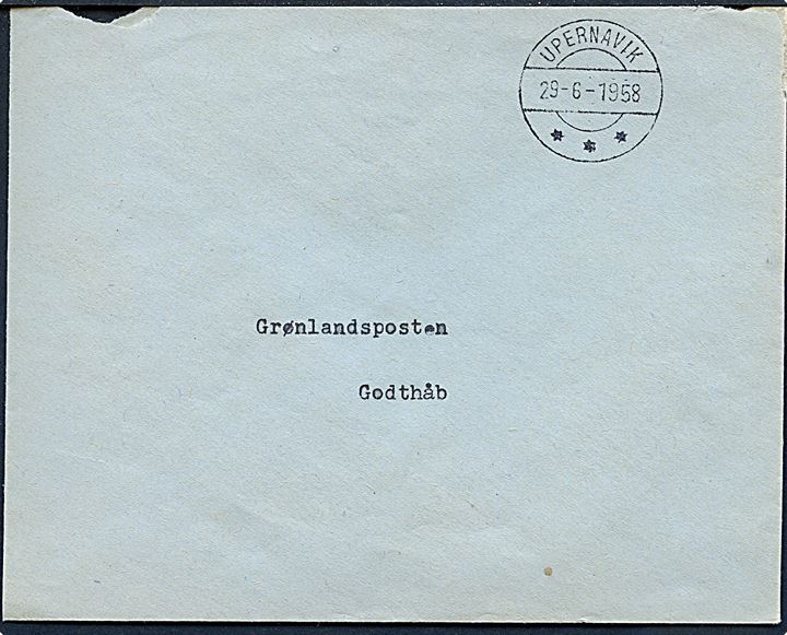 Ufrankeret indenrigsbrev fra KGH kontoret stemplet Upernavik d. 29.6.1958 til Grønlandsposten i Godthåb.