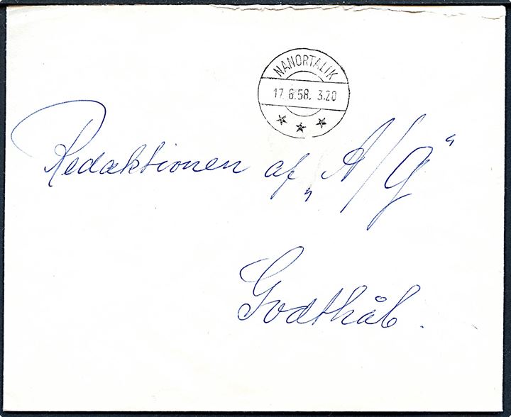 Ufrankeret internt brev stemplet Nanortalik d. 17.6.1958 til Godthåb.