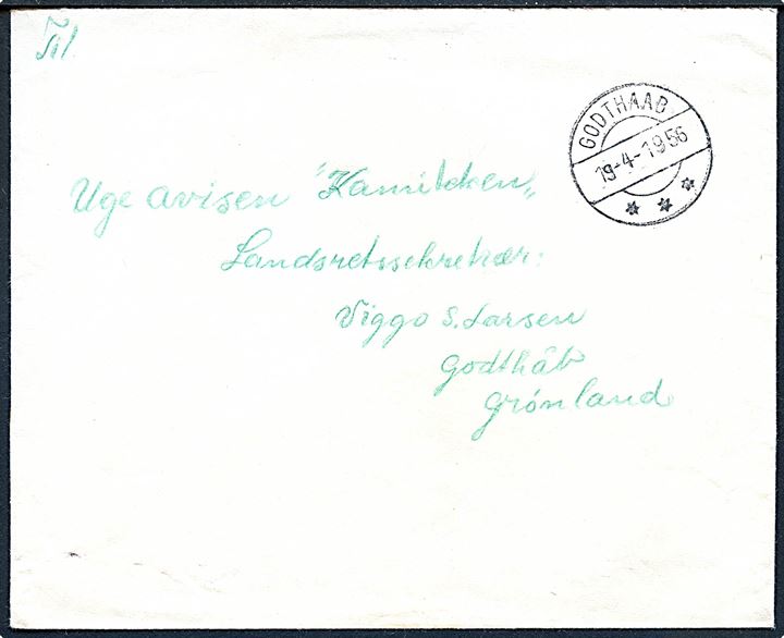 Ufrankeret internt brev med afs. i Klandsdalen pr. Godthåb stemplet Godthaab d. 19.4.1956 til Ugeavisen Kamikken i Godthåb.