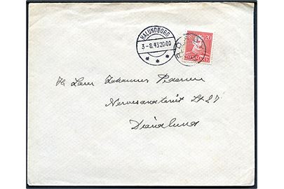20 øre Chr. X på brev annulleret med udslebet stjernestempel RØRBY og sidestemplet Kalundborg d. 3.8.1943 til Dianalund.